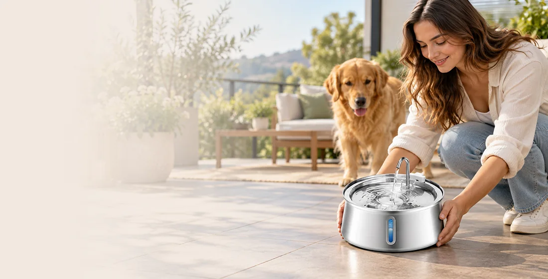 Owner placing the cordless FounTail pet fountain on the patio
