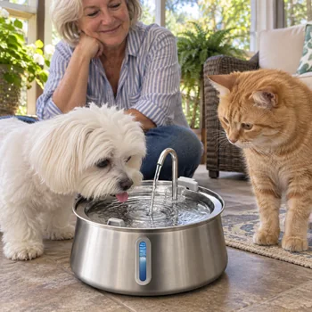 Cat and dog sharing the FounTail pet water fountain